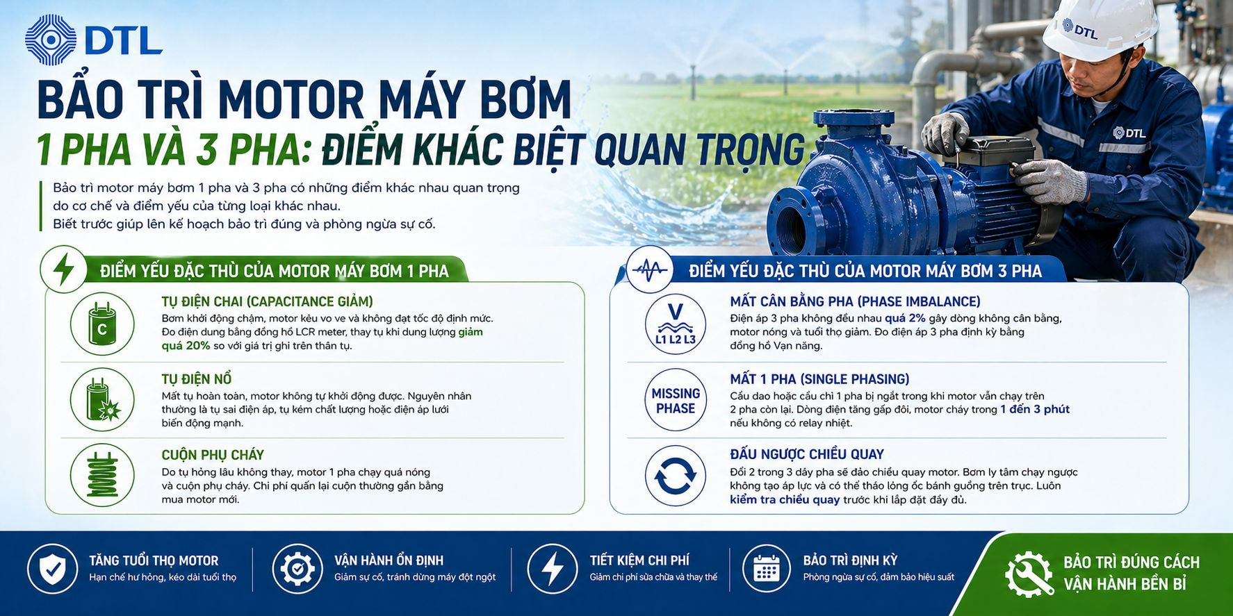 Bảo Trì Motor Máy Bơm 1 Pha và 3 Pha