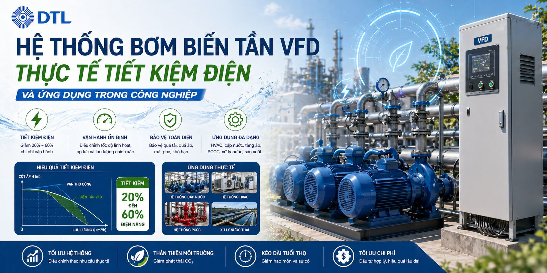 Hệ thống bơm biến tần VFD thực tế tiết kiệm điện và ứng dụng trong công nghiệp