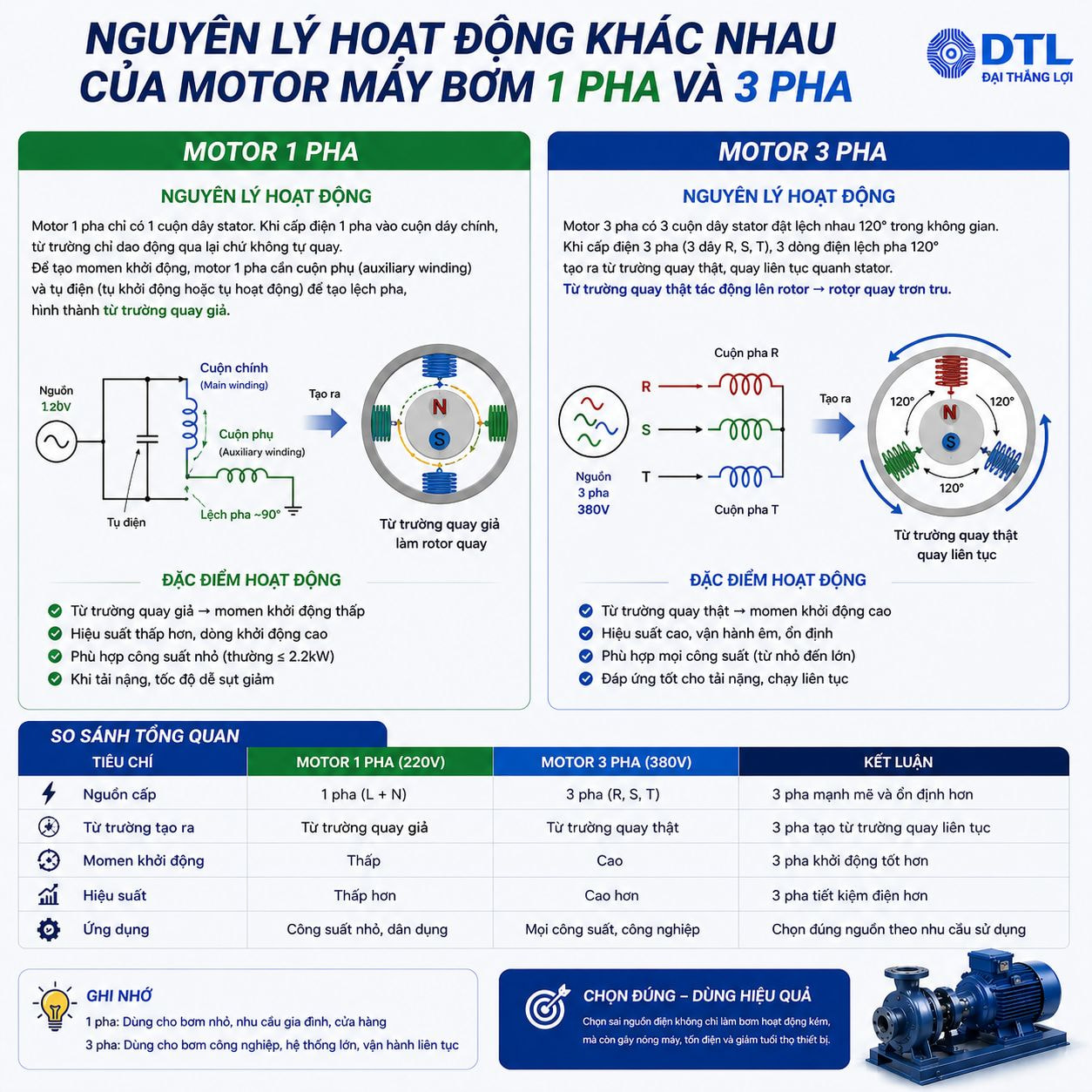 Nguyên Lý Hoạt Động Của Motor Máy Bơm 1 Pha và 3 Pha