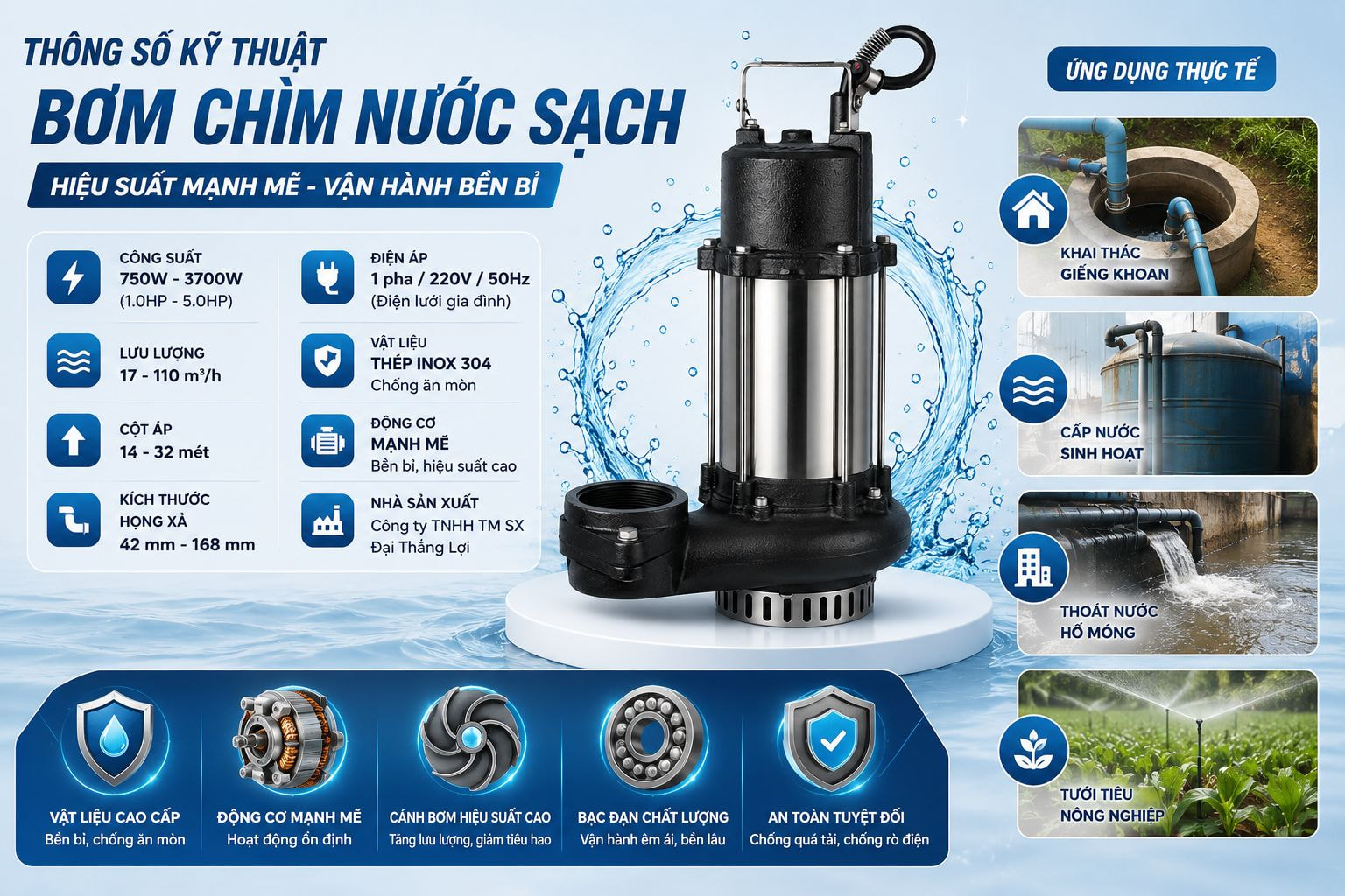 Bơm Chìm Nước Sạch Vỏ Inox BC KCL