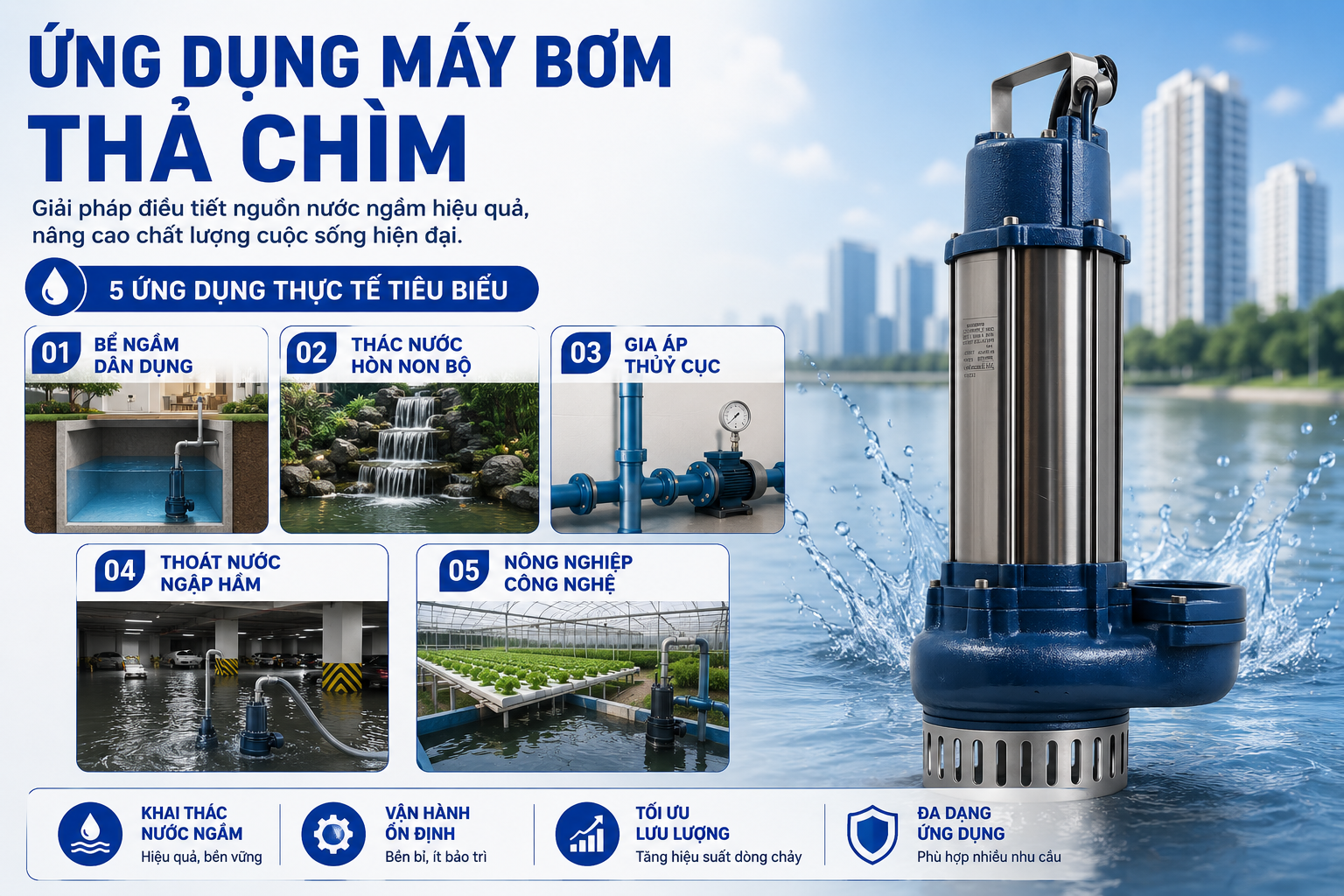 Khám phá ứng dụng thực tế của bơm chìm nước sạch vỏ inox V trong cấp nước tầng cao, gia áp thủy cục, thoát nước ngập hầm và nông nghiệp công nghệ hiện đại.