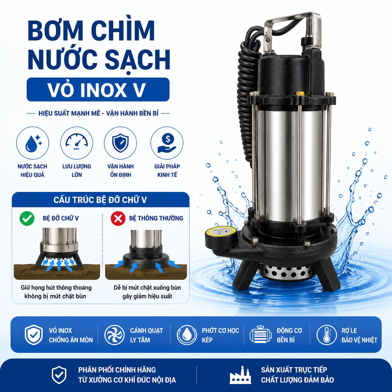 Khám phá bơm chìm nước sạch vỏ inox V với cấu trúc bệ đỡ chữ V chống mút bùn, vận hành ổn định, lưu lượng lớn và độ bền cao cho công trình dân dụng, công nghiệp.