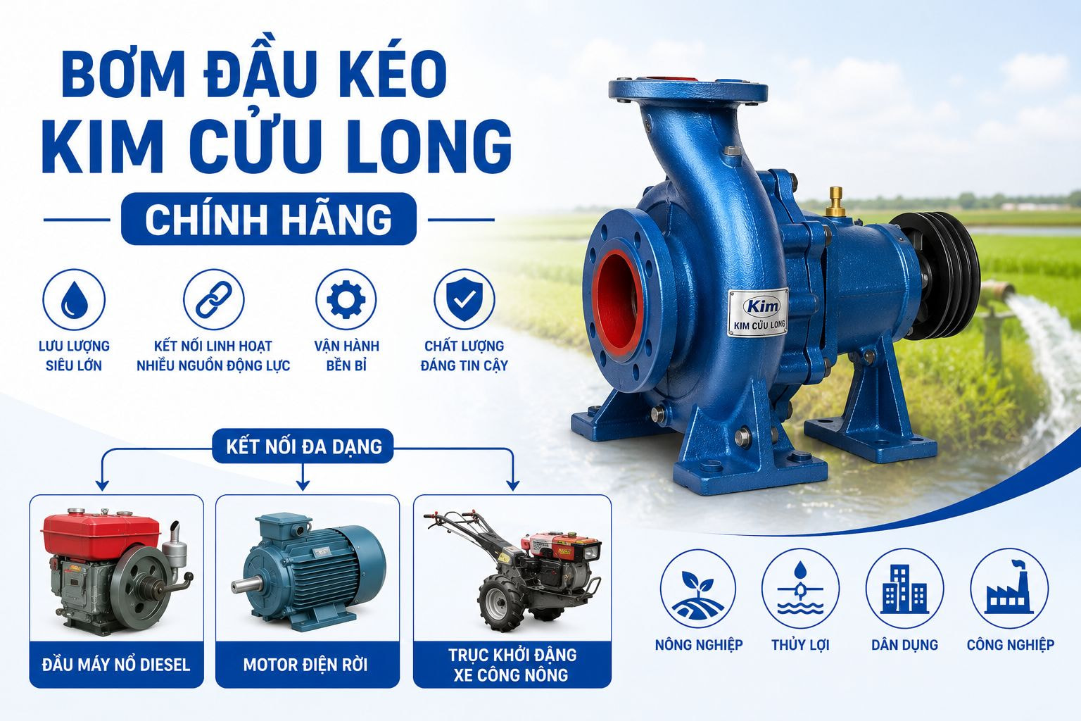 Bơm đầu kéo Kim Cửu Long chính hãng hỗ trợ kết nối motor điện, máy nổ diesel và trục xe công nông, phù hợp nông nghiệp, thủy lợi và công nghiệp lưu lượng lớn.