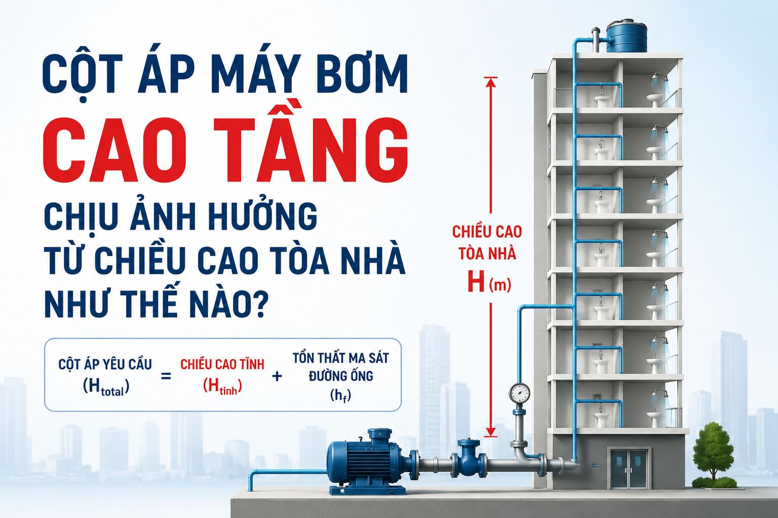 cột áp máy bơm cao tầng chịu ảnh hưởng từ chiều cao tòa nhà