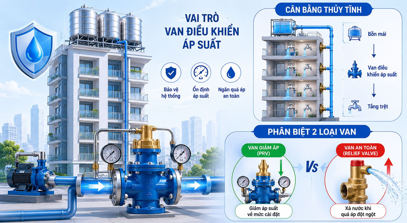 Vai trò của van điều khiển áp suất chung cư, phân biệt van giảm áp và van an toàn