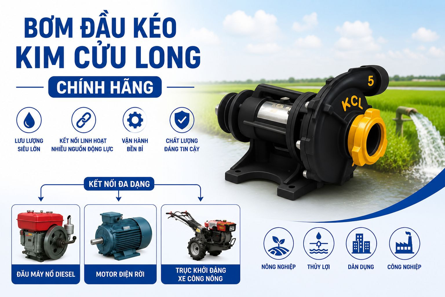 Bơm đầu kéo Kim Cửu Long chính hãng hỗ trợ kết nối motor điện, máy nổ diesel và trục xe công nông, phù hợp nông nghiệp, thủy lợi và công nghiệp lưu lượng lớn.