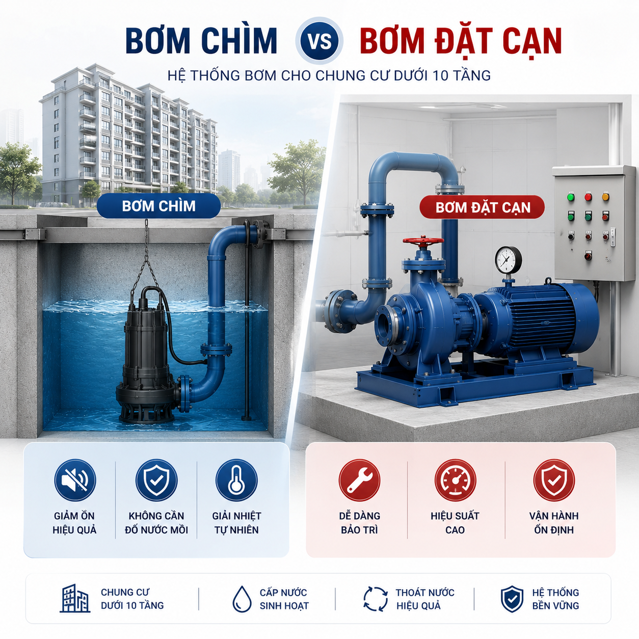 So sánh máy bơm chìm và máy bơm đặt cạn cho chung cư dưới 10 tầng