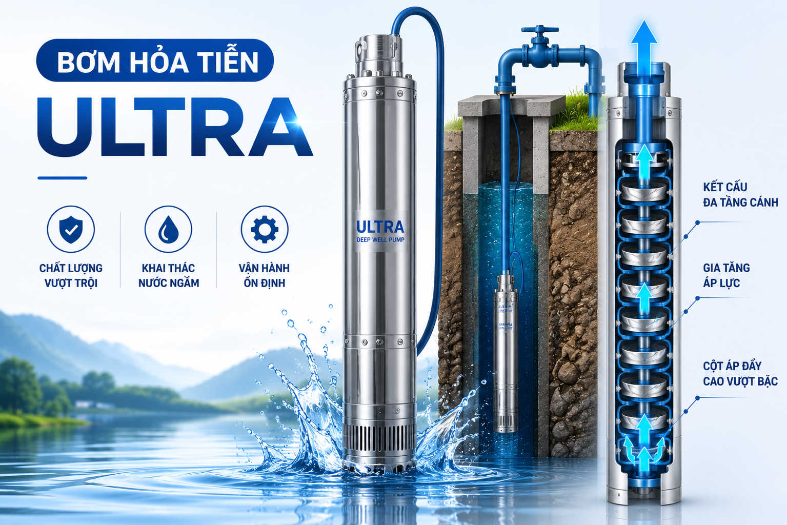 Bơm hỏa tiễn Ultra đa tầng cánh dùng cho giếng khoan sâu với khả năng tăng cột áp và khai thác nước ngầm hiệu quả