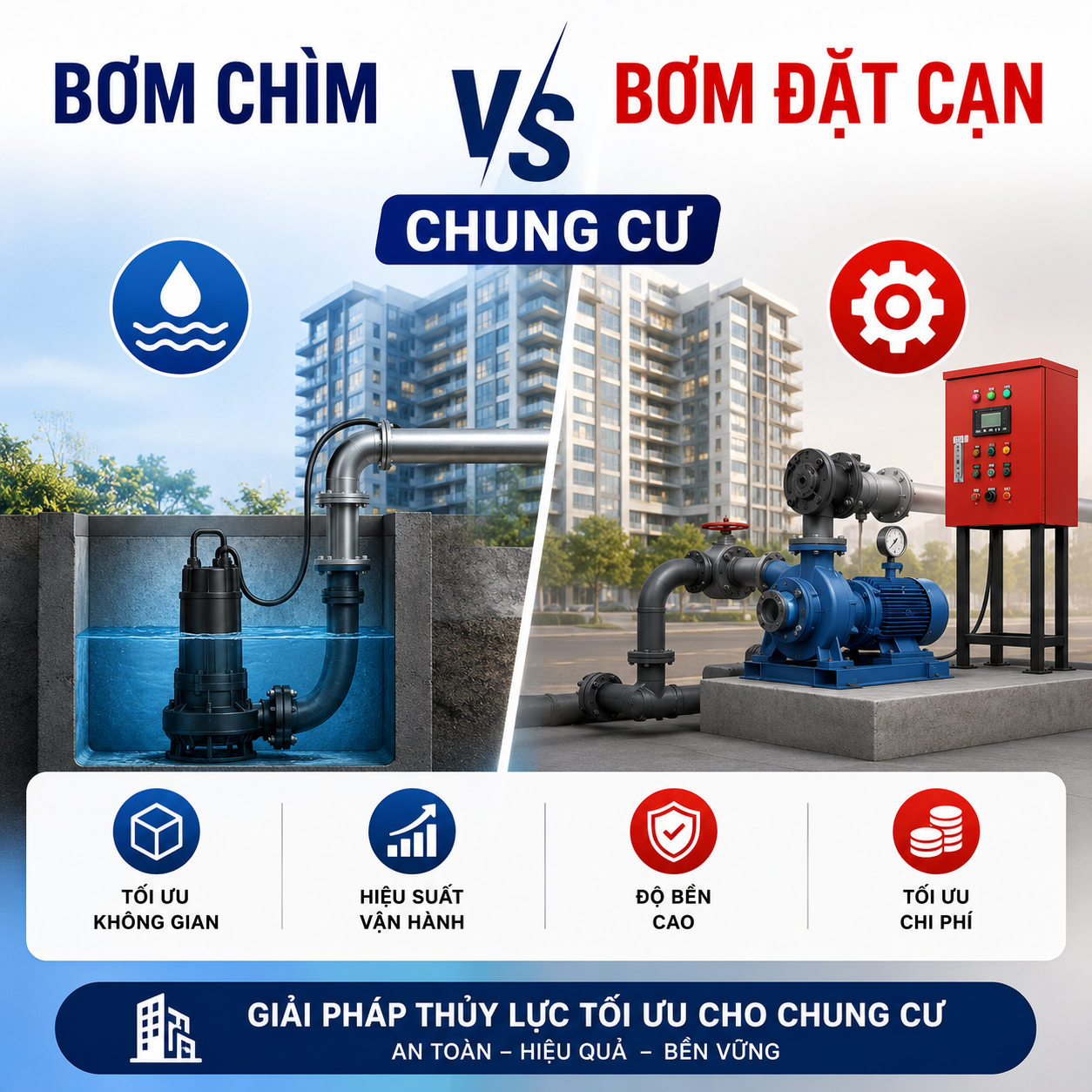 So sánh máy bơm chìm và máy bơm đặt cạn cho chung cư dưới 10 tầng