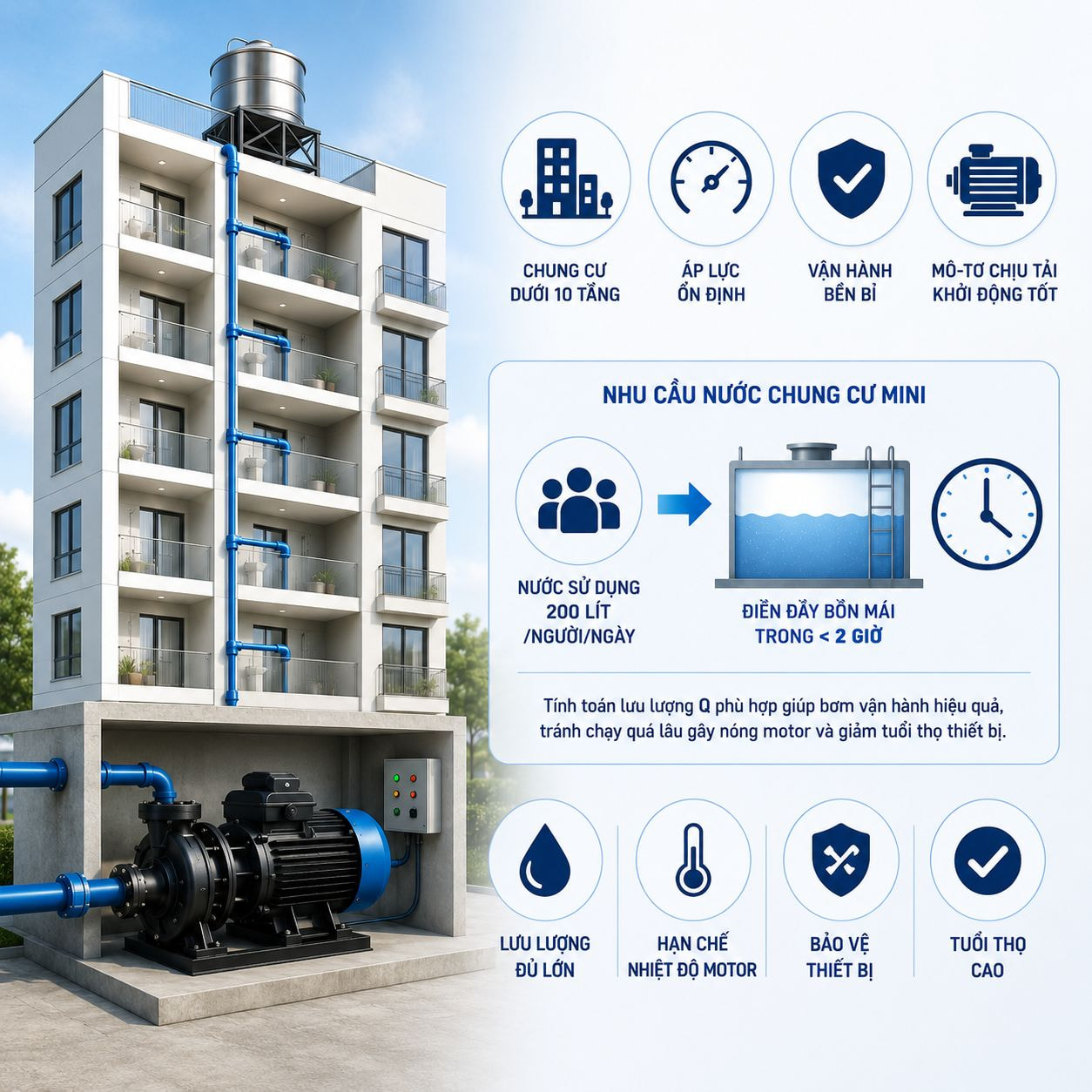 Hệ thống máy bơm nước ly tâm trục ngang cho chung cư dưới 10 tầng