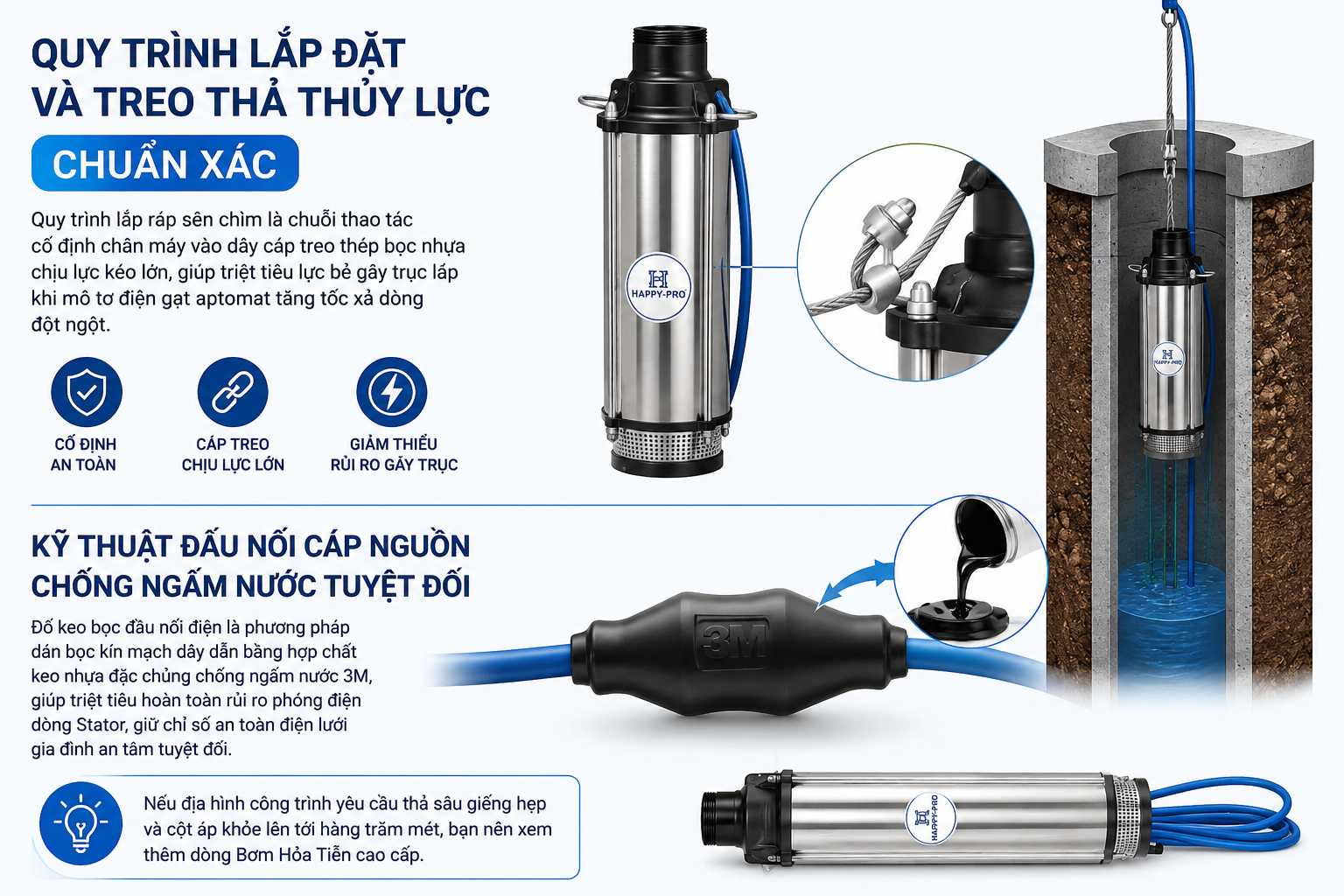 Quy trình lắp đặt bơm hỏa tiễn HAPPY PRO với cáp treo chịu lực và kỹ thuật đấu nối chống thấm nước