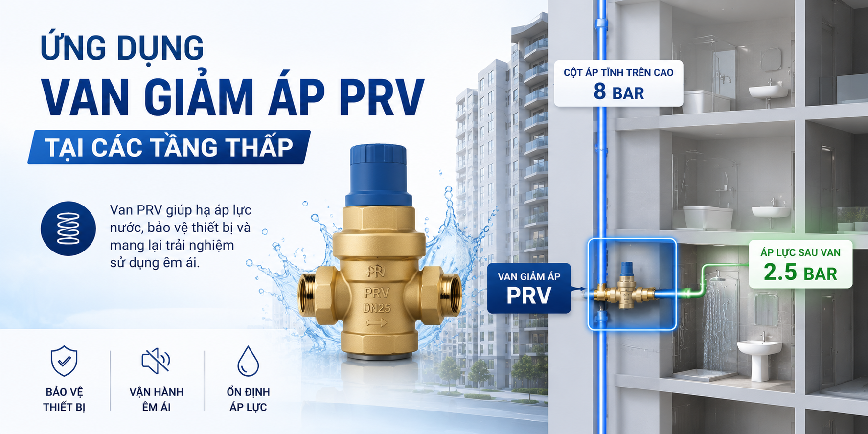 Ứng dụng van giảm áp PRV tại các tầng thấp chung cư bảo vệ thiết bị vệ sinh