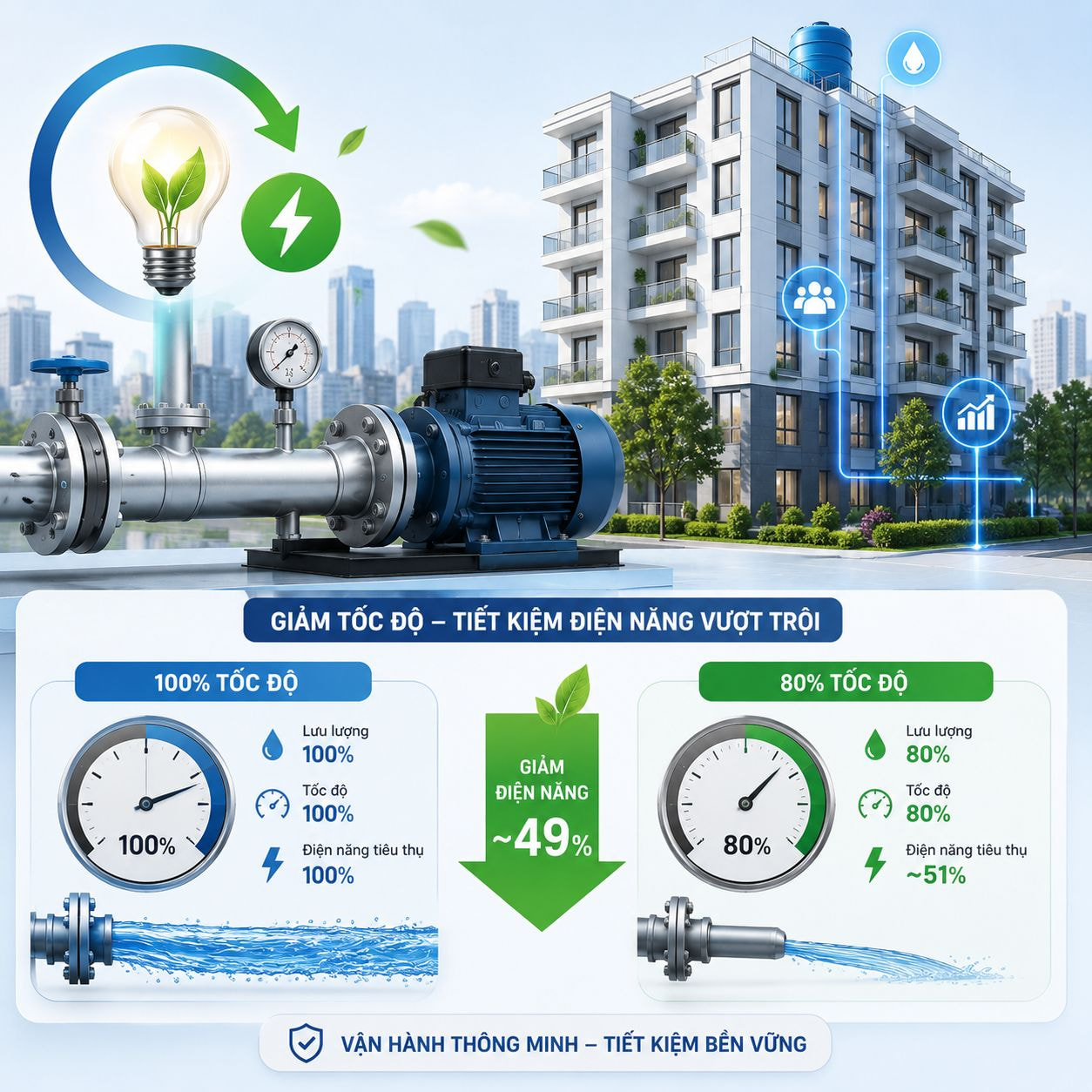 Định luật Affinity minh họa việc giảm tốc độ bơm chung cư giúp tiết kiệm 49% điện năng