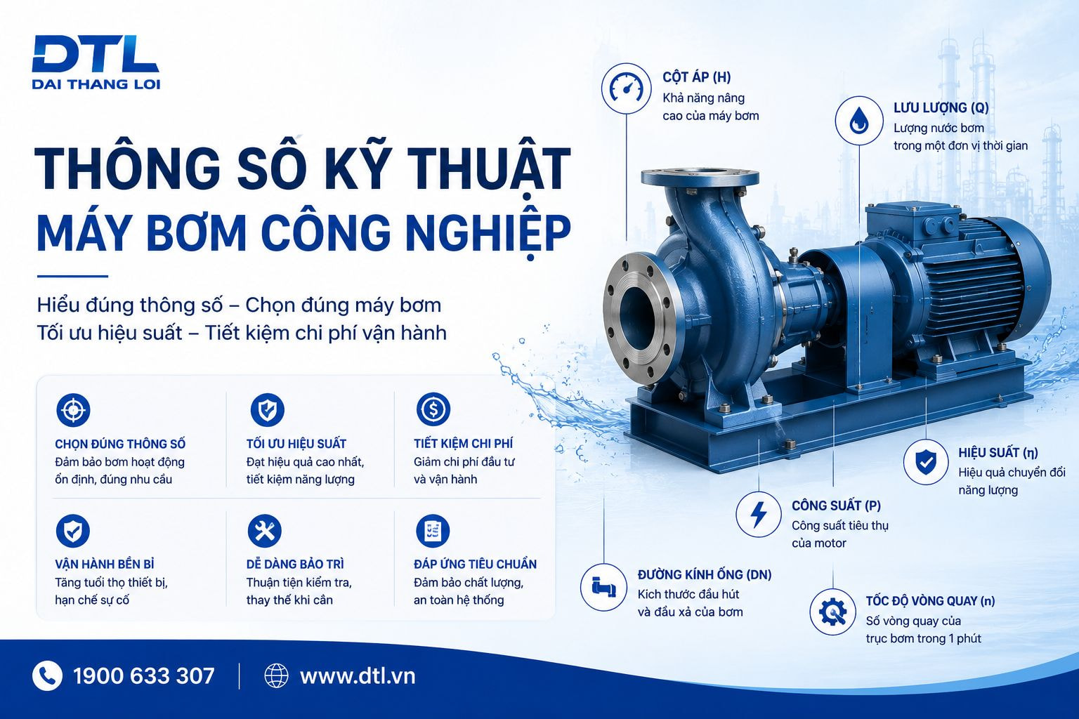 Thông số kỹ thuật máy bơm công nghiệp gồm lưu lượng Q, cột áp H, công suất, hiệu suất và tốc độ vòng quay